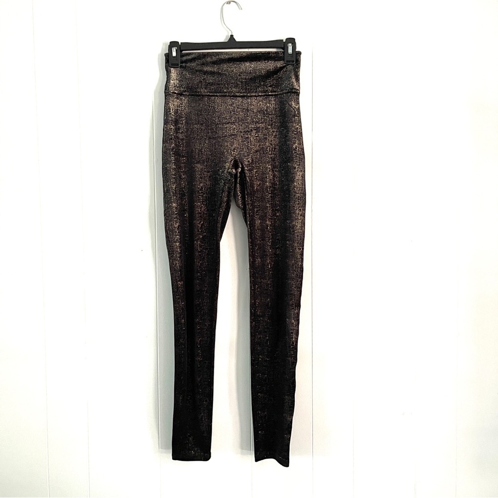 Spanx Metallic Foil Shaping Leggings Small Petite Black Gold High Rise